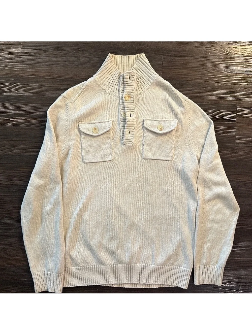 Banana Republic~Pullover Sweater~Mens Medium~cream~Button Neck Pockets~Cotton